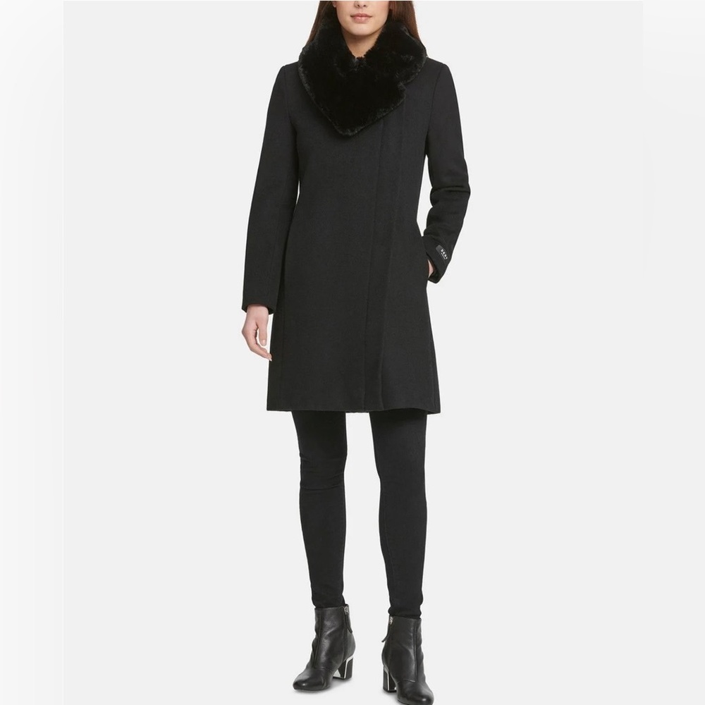 Donna Karen Asymmetrical Faux-Fur-Collar Coat